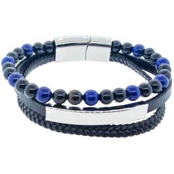 Leather Stainless Steel Clasp Triple Bracelet 8mm Bead - Black w/ Lapis/Black Agate and Silver Accen