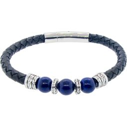 Leather Stainless Steel Clasp Bracelet - Black w/Lapis & Silver Accent Beads (Each)