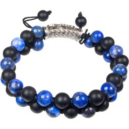 Adjustable Bracelet 8mm Round Bead Double Row - Lapis & Matte Black Agate w/ Fleur De Lis (Each)