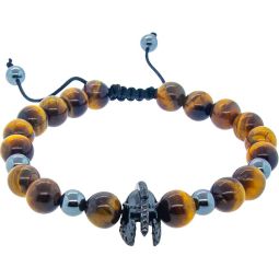 Adjustable Bracelet 8mm Round Bead - Tiger Eye & Hematite w/ Warrior Helmet (Each)