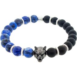 Elastic Bracelet 8mm Round Bead - Blue Howlite & Matte Black Agate w/ Stainless Steel Bear (Each)