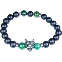 Elastic Bracelet 10mm Round Bead - Moss Agate & Matte Black Agate w/ Stainless Steel Wolf (Each)