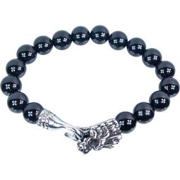 Elastic Bracelet 10mm Round Bead - Black Onyx w/ Stainless Steel Dragon Head Clasp (Each)