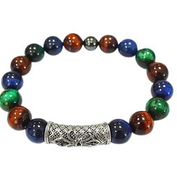 Elastic Bracelet 10mm Round Bead - Multi Color Tiger Eye w/ Fleur De Lis (Each)