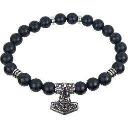 Elastic Bracelet 10mm Round Bead - Matte Black Agate w/ Viking Hammer (Each)