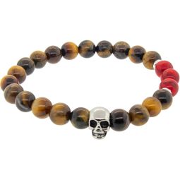 Elastic Bracelet 8mm Round Bead - Tiger Eye & Red Imperial Jasper w/ Stainless Steel Skull (Each)