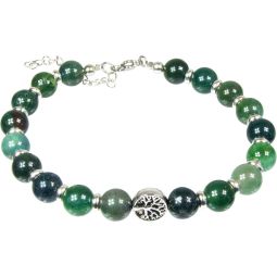 Adjustable Clasp Bracelet 8mm Bead - Moss Agate w/ Tree of Life & Rondelles (Each)