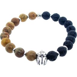 Elastic Bracelet 8mm Round Bead - Picture Jasper & Lava w/ Warrior Helmet (Each)