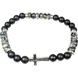 Elastic Bracelet 6mm Round Bead - Black Agate & Labradorite w/ Cross (Each)