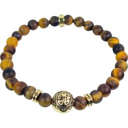 Elastic Bracelet 6mm Round Bead - Yellow Tiger Eye w/ Gold Accent Beads (Each)