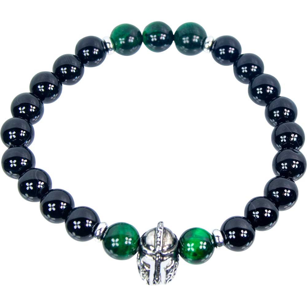 Elastic Bracelet 8mm Round Bead - Black Agate & Green Tiger Eye w/ Warrior HELMET (Each)