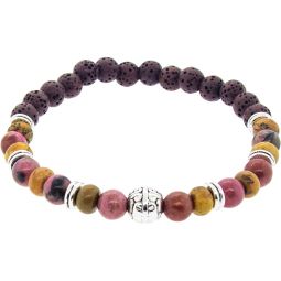 Elastic Bracelet 6mm Round Bead - Red Leopard Skin Jasper & Lava w/ Silver Accent Beads (Each)