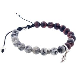 Adjustable Bracelet 8mm Round Bead - Red Tiger Eye & Jasper w/ Feather (Each)