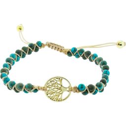 Adjustable Weave Bracelet 4mm Round Bead Double Row - African Turquoise w/ Tree of Life (Each)