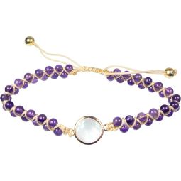 Adjustable Weave Bracelet 4mm Round Bead Double Row - Amethyst w/ Moonstone Accent (Each)