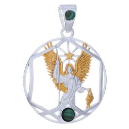 Archangel Raphael Gold Plated Pendant w/Malachite