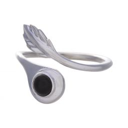 Black Onyx Round Cab Feather Adjustable Ring - Size 5