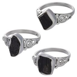 Black Tourmaline Rough Assorted Shapes Spiral Band Ring - Size 5 (10mm to 14mm H)