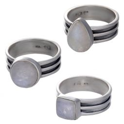 Rainbow Moonstone Cab.  Assorted Shapes Triple Band Ring - Size 5 (9mm to 11mm H)