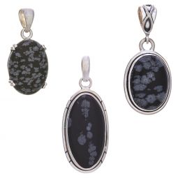 Assorted Oval Snowflake Obsidian Pendant (24 to 41mm H)